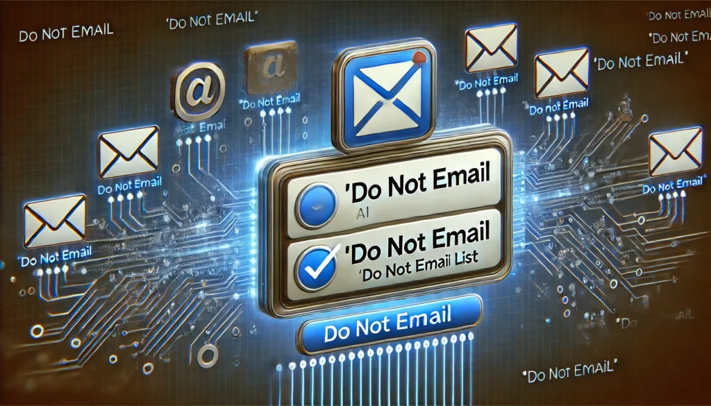 "A conceptual digital illustration of an AI-powered email deleter tool managing a 'Do Not Email' list, ensuring compliance with email regulations while filtering unwanted messages."