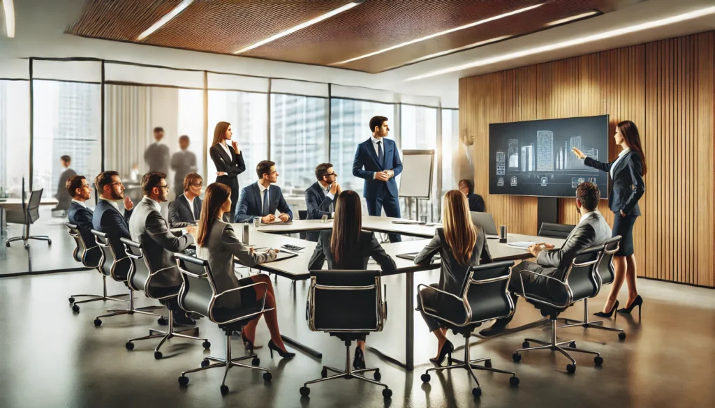 A modern corporate meeting room with a diverse group of professionals engaged in a productive staff meeting. The facilitator leads the discussion while participants actively take notes and contribute.