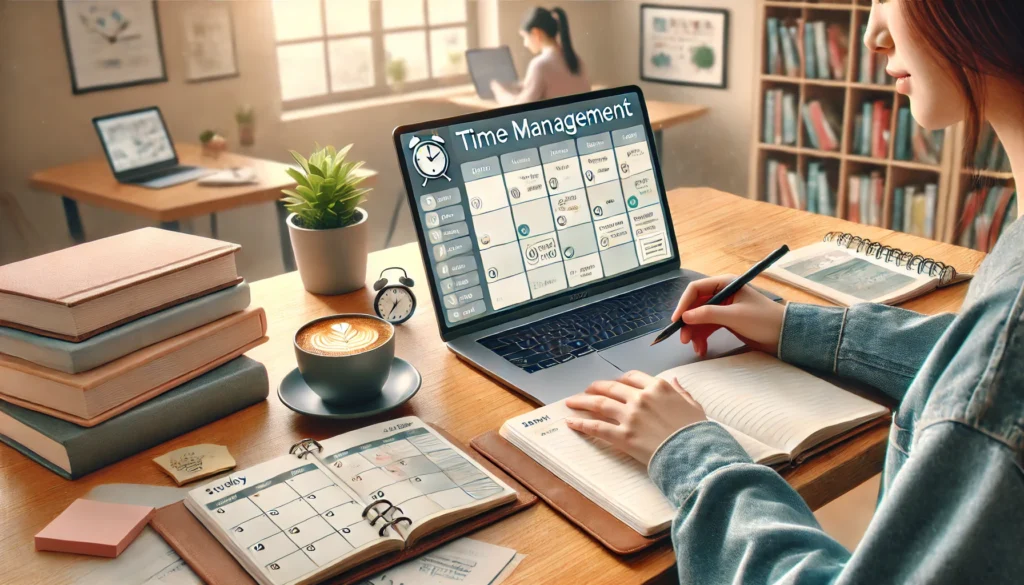 A modern college study environment where a student is using a digital planner on a laptop while taking notes. The setting includes a well-organized workspace with a time management app open on the screen, symbolizing effective time management strategies for students.