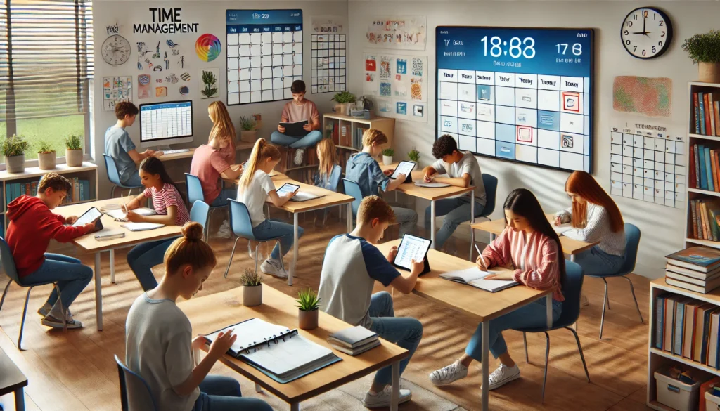  A modern middle school classroom where students are using digital planners on tablets and writing in notebooks. The scene highlights effective time management strategies for middle school students.