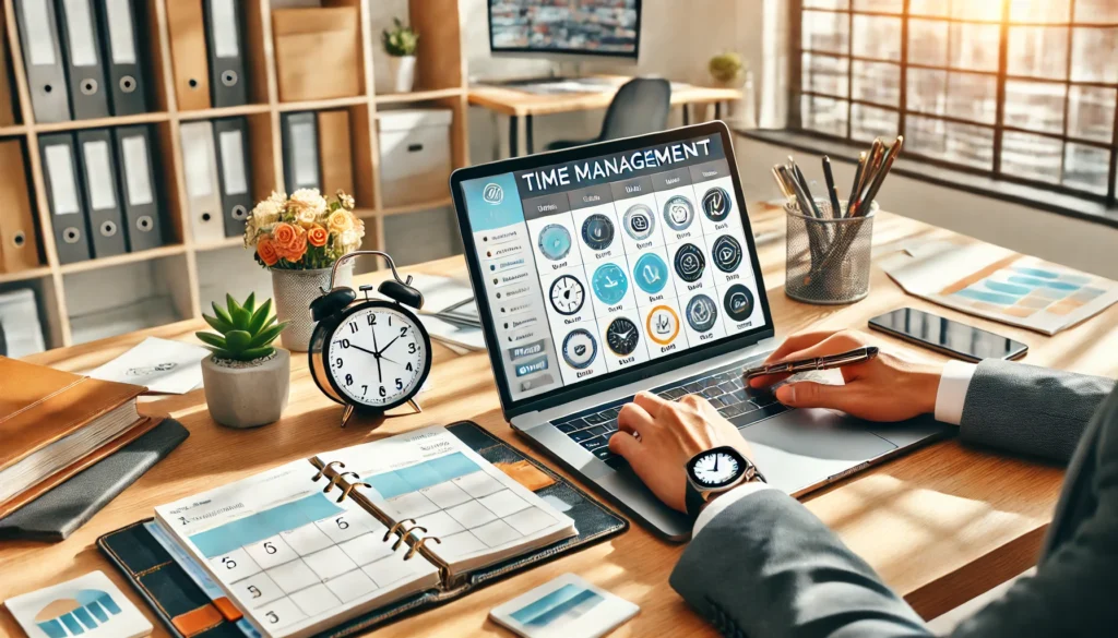 "A modern office setting where a professional is using a digital time management tool on their laptop, with a well-organized desk featuring a planner, clock, and productivity apps on a smartphone. The workspace is bright and structured, showcasing effective time management techniques."