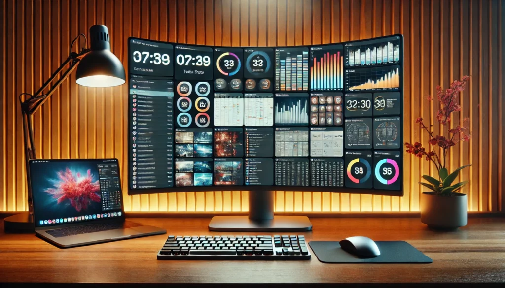 A professional workspace featuring a large curved monitor displaying split-screen Windows applications. Task lists, time-tracking dashboards, and collaboration tools enhance work efficiency in a focused environment.