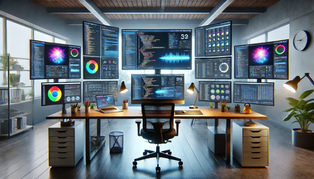 A multi-monitor setup running Chrome with various developer tools for real-time debugging, performance analysis, and responsive design testing. The modern workspace features a standing desk, ergonomic chair, and ambient LED lighting.