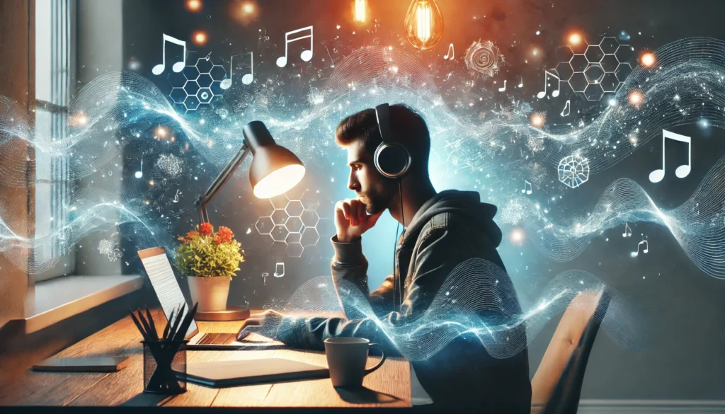 A serene workspace with a person wearing headphones, deeply focused on work. Floating musical waves surround them, symbolizing immersive focus music. The modern desk setup includes a laptop, a cup of coffee, and warm ambient lighting.