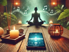 A peaceful meditation setting with a smartphone displaying a playlist of relaxing music. The background features soft candlelight, incense, and a person sitting cross-legged in a meditative pose, with floating musical waves symbolizing deep relaxation.