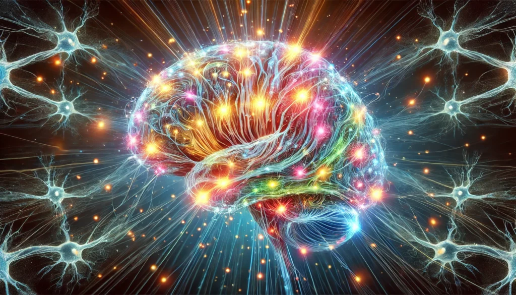  A conceptual artwork of a human brain with illuminated neural pathways, showcasing vibrant, glowing synapses that symbolize cognitive function and memory retention.