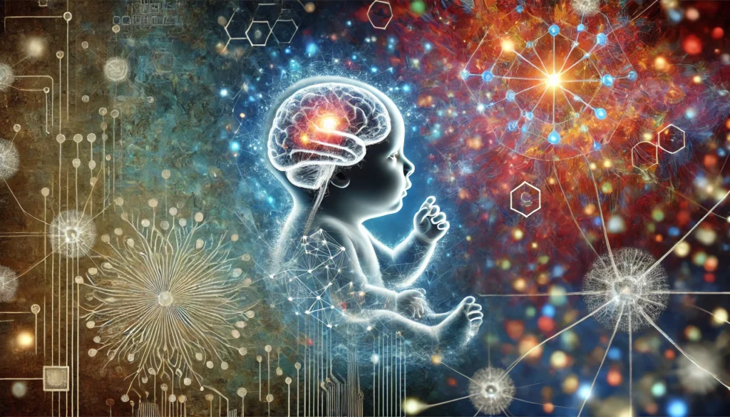 An artistic depiction of a growing infant’s brain with a luminous network of neurons actively forming connections, representing enhanced memory and cognitive development. The background features a fusion of organic and digital elements, illustrating the interplay of biology and intelligence.