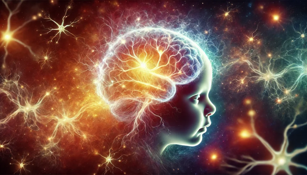 An artistic interpretation of an infant’s brain evolving, surrounded by vibrant glowing synapses, with a cosmic background symbolizing infinite learning potential and lifelong memory formation.