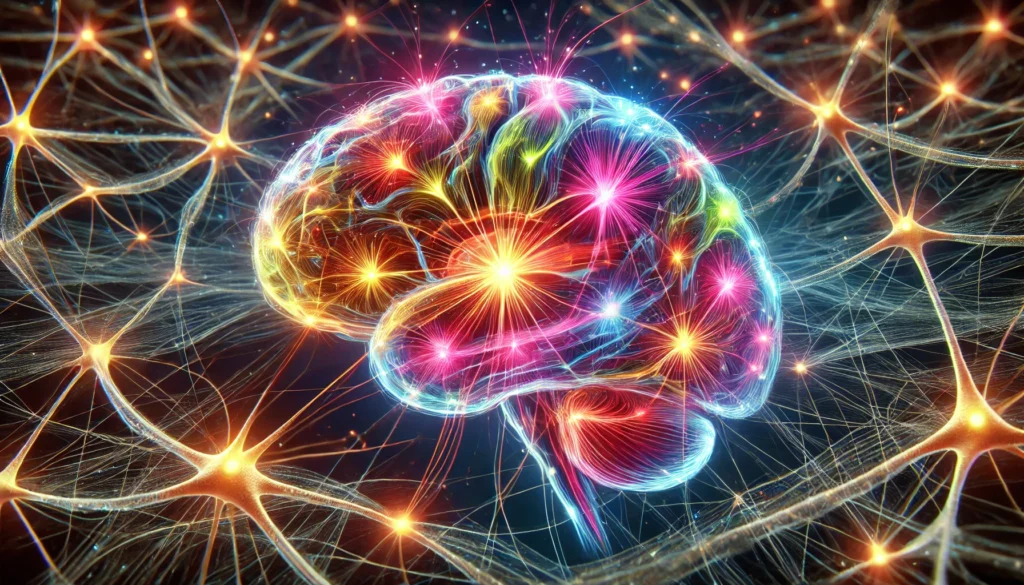 An artistic representation of a human brain with neurons firing in vibrant colors, emphasizing the intricate network of synaptic connections that reinforce cognitive function and recall.