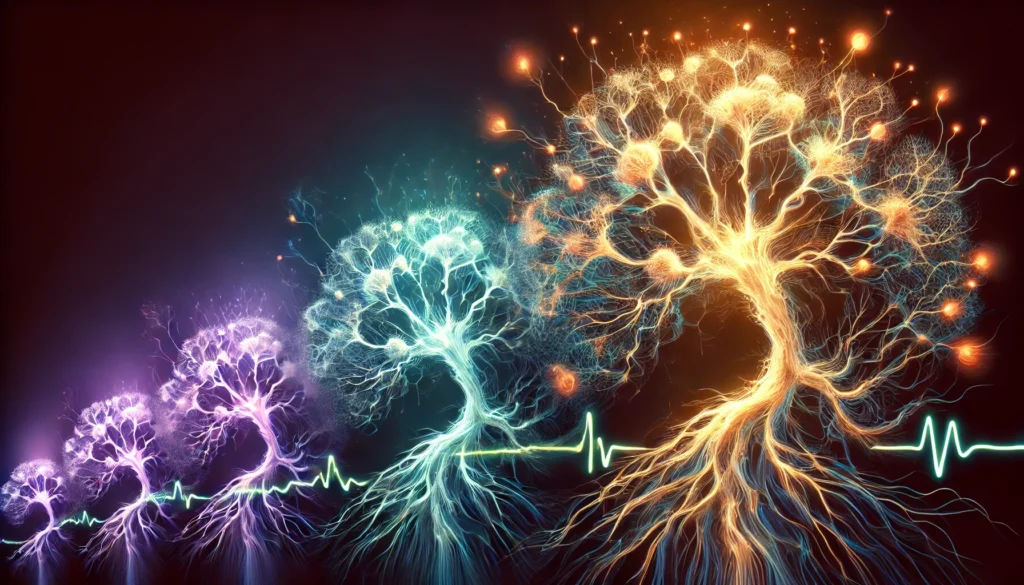 "A surreal neural network branching out like a tree, symbolizing cognitive growth from infancy to adulthood with vibrant light spectrums illustrating memory enhancement."