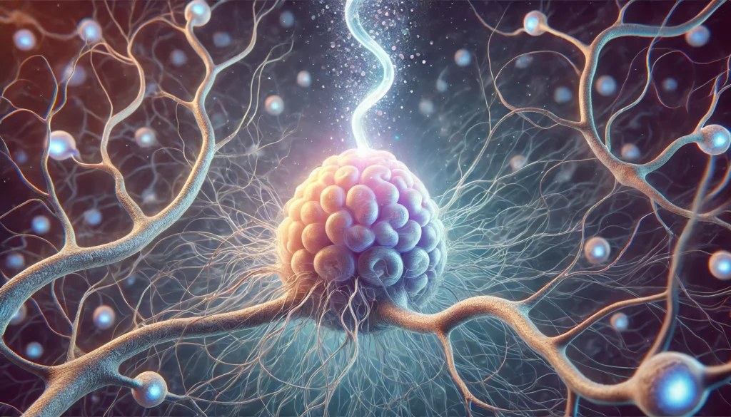 "A scientifically inspired artwork illustrating the final stages of brain embryonic development, highlighting a glowing embryonic brain with fully developed neural circuits, interconnected synapses, and a cosmic web-like neural network."