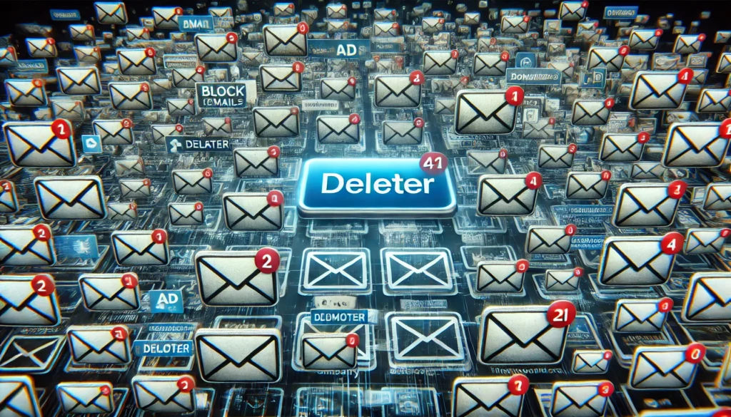 "A cluttered email inbox overwhelmed with company ad emails and promotional messages, highlighting the need for an email deleter to efficiently block and filter unwanted emails."