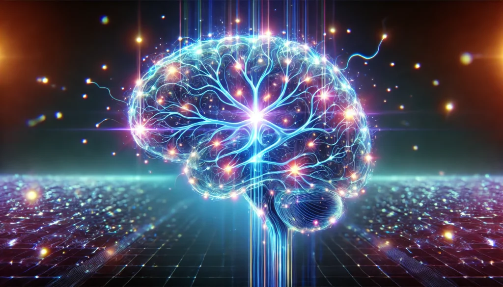 A futuristic, glowing neural network inside a human brain, with electric currents symbolizing enhanced memory and recall through changing brain chemistry.