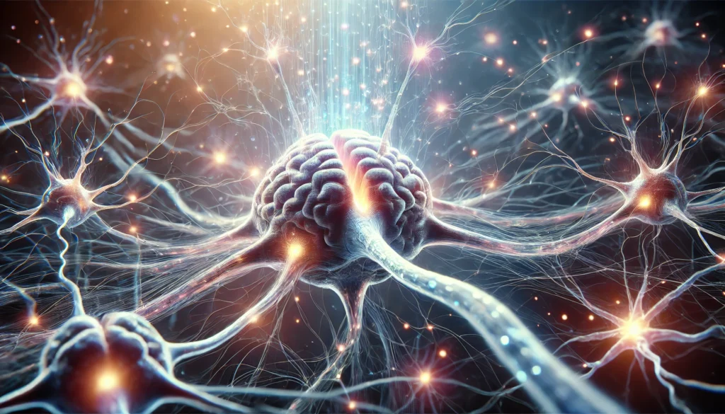 "Artistic depiction of neurogenesis in the brain, showing glowing neural pathways forming new connections. The image highlights cognitive growth, memory enhancement, and synaptic plasticity with vibrant blue and purple lighting."