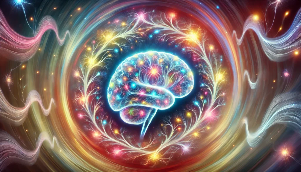 An abstract representation of a child’s brain surrounded by colorful, glowing neural pathways. These pathways radiate outward, symbolizing cognitive growth and the strengthening of memory recall through neuroplasticity.