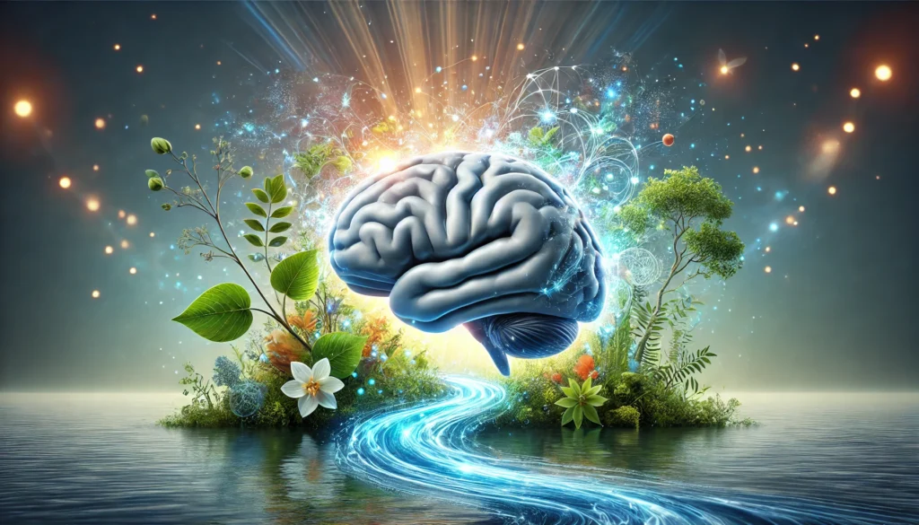 A calming scene of a brain surrounded by plants and flowing water, symbolizing the natural enhancement of synaptic function through balance and harmony, with light bursts emanating from synapses to suggest cognitive growth.