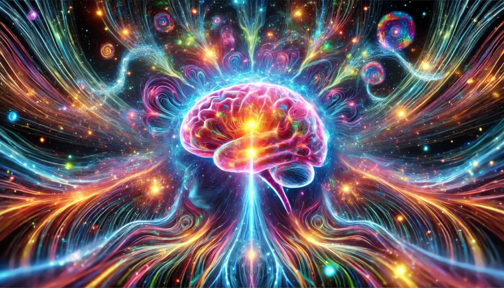 A cosmic, dream-like image depicting psilocybin-induced neuroplasticity, where vibrant, electric colors and patterns form intricate neural networks. This scene symbolizes the transformation of neural pathways, enhancing memory and cognitive function.