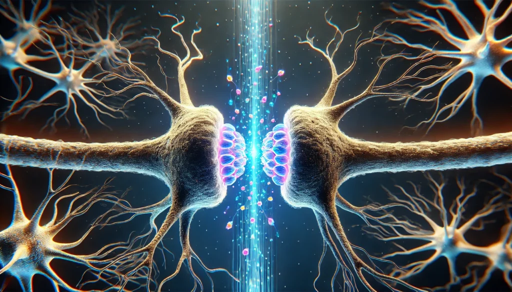 A detailed artistic visualization of the synaptic gap between two neurons, showing neurotransmitters crossing the glowing cleft, with a deep blue and black neural background symbolizing cognitive function.