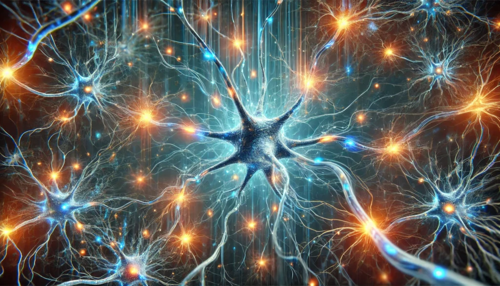 A highly detailed digital illustration of interconnected neurons with glowing synapses, showcasing electrical impulses traveling through axons and dendrites, with vibrant blue and orange light effects symbolizing neurotransmission in a deep neural network background.