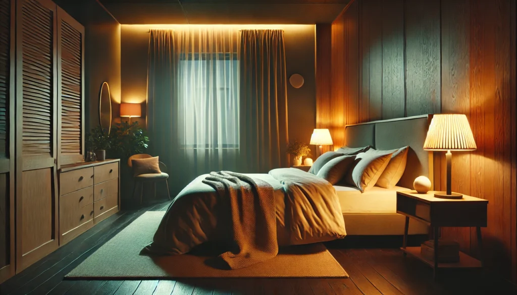 A peaceful and cozy bedroom at night, featuring a comfortable bed, soft warm lighting, and a calming atmosphere that promotes relaxation and optimal sleep quality.