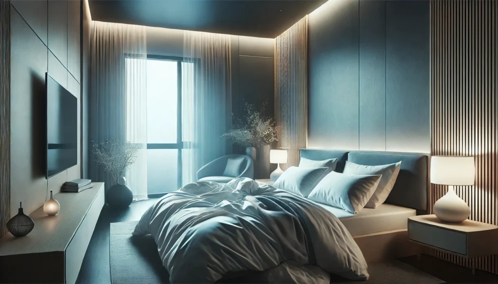 A modern bedroom with soft bedding, dim ambient lighting, and an open window allowing fresh air in, creating an ideal setting for deep and restful sleep.