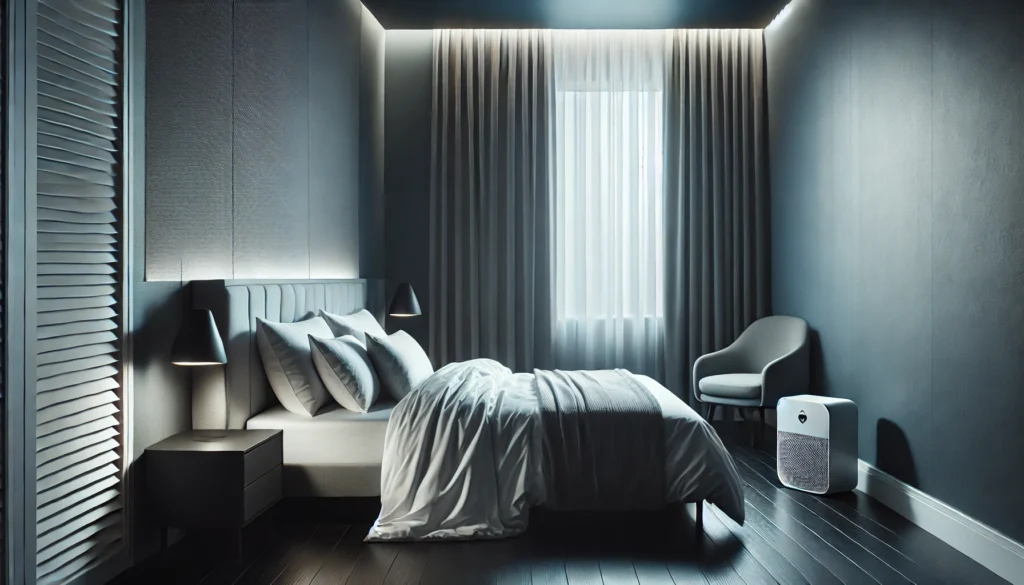 A modern, minimalist bedroom featuring blackout curtains, a comfortable bed with high-quality bedding, and a white noise machine on a nightstand. The ambiance is tranquil and conducive to deep sleep.