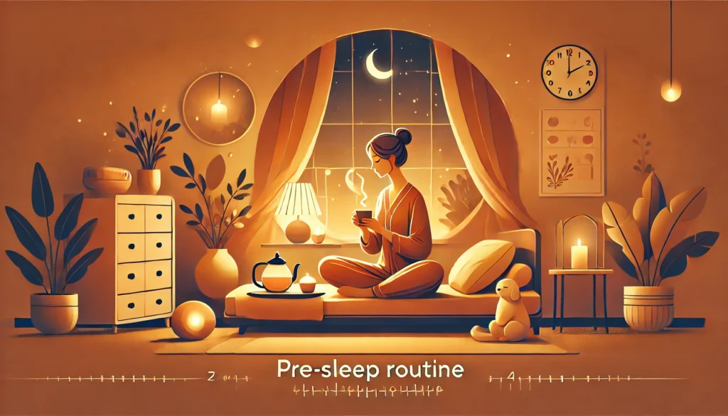 A cozy pre-sleep routine scene with a person comfortably seated in a relaxing environment, engaged in a calming activity such as sipping herbal tea or meditating. The warm lighting and serene ambiance create the perfect atmosphere for winding down before sleep. The image is completely free of text and numerical elements.