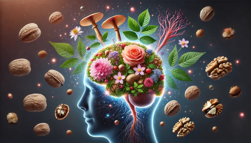 A dynamic brain illustration radiating energy, with floating elements of ginseng, lion’s mane mushrooms, Bacopa monnieri, Rhodiola rosea, and omega-3 walnuts, symbolizing cognitive enhancement for studying.