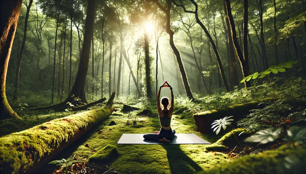 A peaceful forest environment where an individual practices yoga on a mossy ground, with sunlight filtering through tall trees, emphasizing the connection between physical movement and mental well-being.