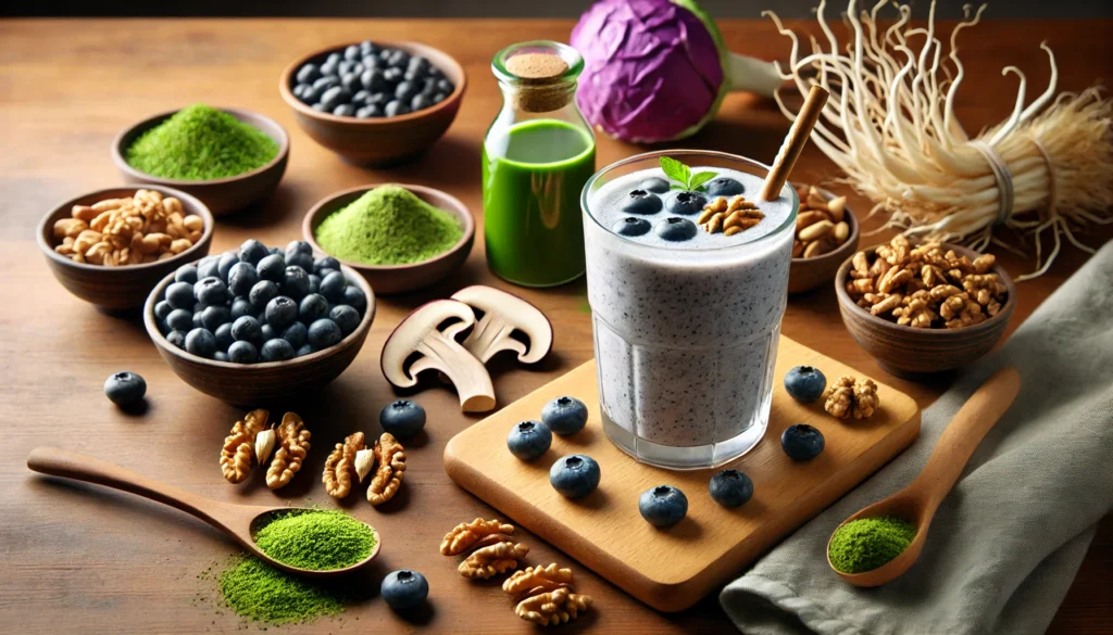 A nutrient-dense smoothie made with blueberries, matcha green tea, walnuts, and coconut milk, placed on a wooden table surrounded by adaptogenic herbs like ginseng, Rhodiola rosea, and lion’s mane mushrooms.