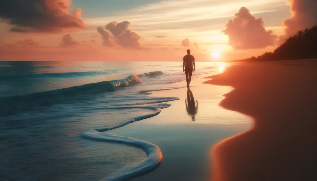 A calming beach at sunset with a person walking along the shoreline, waves gently touching their feet, evoking emotional healing, renewal, and peace.