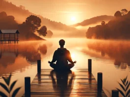 A serene lakeside scene at sunrise with a person meditating on a wooden dock, surrounded by misty tranquility, symbolizing mindfulness and relaxation.