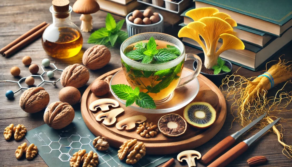 A warm cup of nootropic tea infused with ginkgo biloba leaves, ginseng root slices, and fresh mint, surrounded by walnuts, Rhodiola rosea, lion’s mane mushrooms, and Bacopa monnieri, enhancing mental clarity.