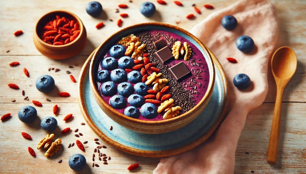 A nutrient-rich smoothie bowl with blueberries, walnuts, dark chocolate shavings, and honey, garnished with goji berries and flaxseeds, promoting brain health and cognitive enhancement.