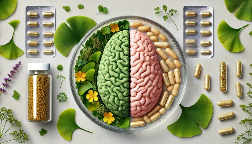 A symbolic brain illustration divided into two halves—one surrounded by Ginkgo Biloba leaves and herbal extract, and the other featuring generic Prevagen-like capsules, representing the choice between natural and synthetic cognitive support.
