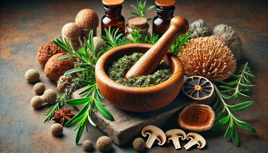 A rustic mortar and pestle with crushed brain-boosting herbs, surrounded by fresh rosemary, sage, Bacopa monnieri, and lion’s mane mushrooms on a stone surface, emphasizing natural cognitive enhancers.