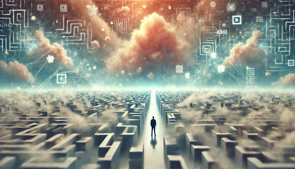 A surreal depiction of ADHD’s memory impact, where a person faces a shifting, foggy maze while fragmented glowing memories float in the sky, symbolizing scattered thoughts.