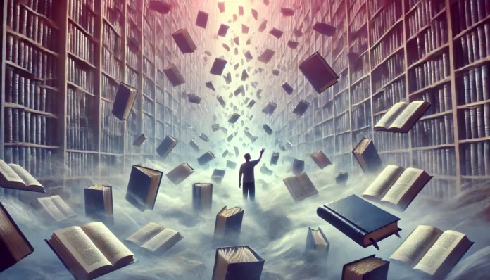 A dreamlike scene of a person in a vast, misty library with floating books, some vanishing into thin air, representing ADHD-related memory challenges