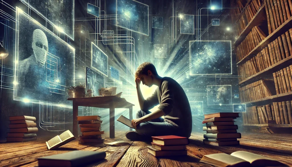 A young adult surrounded by books and screens, displaying frustration, symbolizing how more and more people lack this cognitive ability to engage in deep thinking