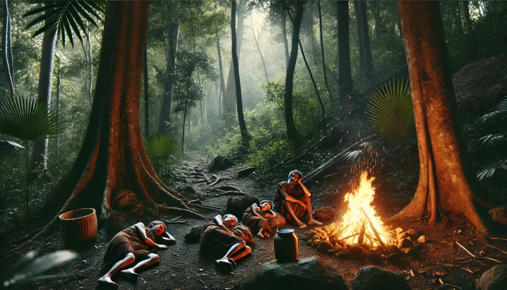 A group of early humans resting near a fire in a dense forest, illustrating the adaptive theory of sleep as a means of survival and energy conservation