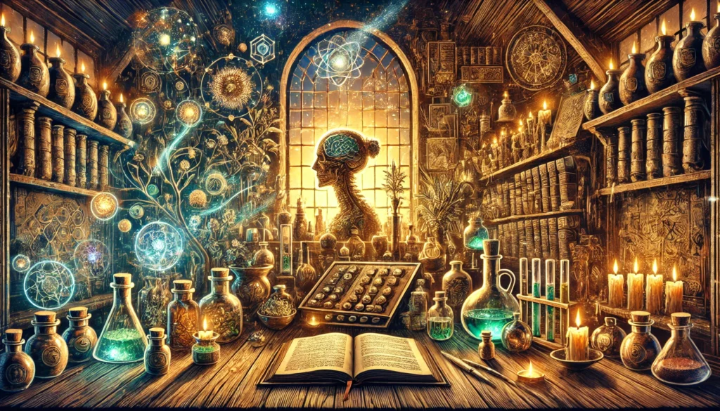 An artistic representation of an alchemist’s laboratory filled with mystical herbs, ancient manuscripts, and glowing potions, symbolizing historical efforts to enhance mental acuity through herbal remedies and early scientific exploration.