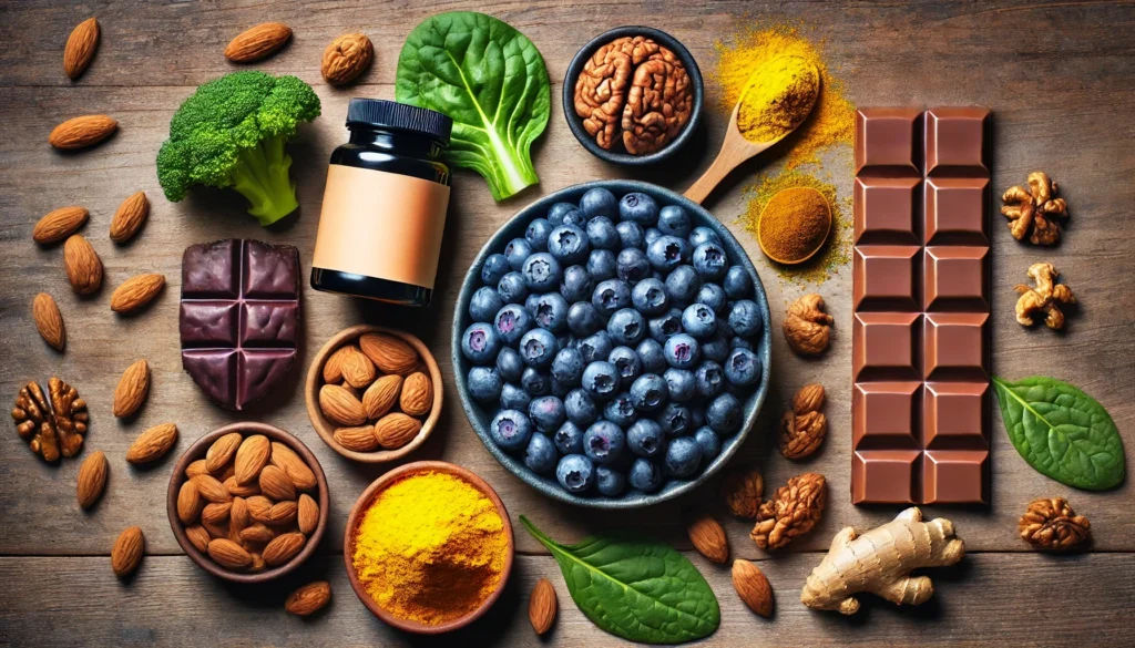 A top-down view of fresh blueberries, turmeric powder, almonds, dark chocolate, and green leafy vegetables arranged on a wooden surface, highlighting their natural benefits for reducing brain inflammation.