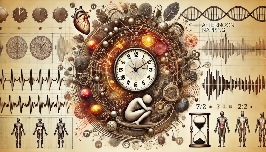 A visually striking clock-like structure intertwined with human biological elements, symbolizing the connection between circadian rhythms and afternoon naps.