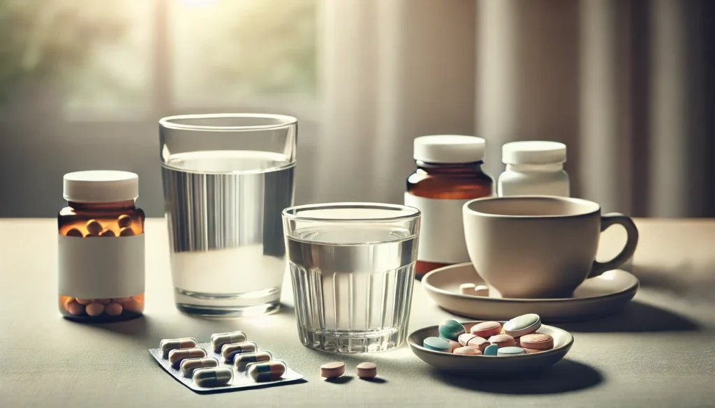 A selection of dementia medications, including tablets and capsules, placed neatly on a table next to a clear glass of water. The scene suggests a daily medication routine and emphasizes ease of consumption. The soft lighting and neutral background create a calm and reassuring atmosphere.