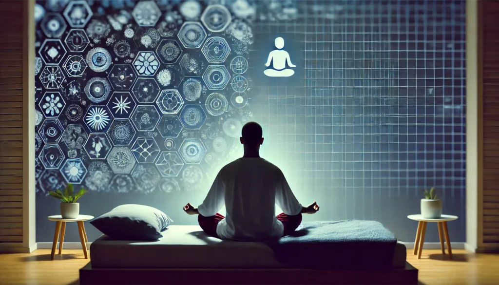 A person practicing relaxation techniques before bed, meditating or doing deep breathing exercises in a calm, dimly lit bedroom. The scene emphasizes the role of bedtime routines in overcoming insomnia and promoting healthy sleep habits.