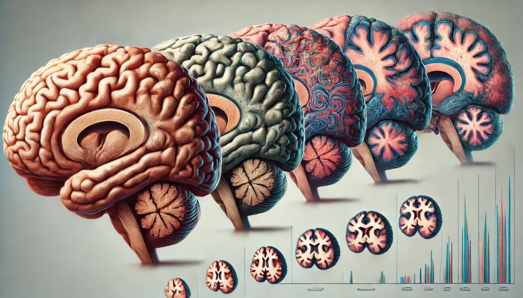 A progressive medical illustration of dementia, displaying a series of brain slices showing gradual atrophy and neuronal damage from a healthy brain to a severely affected one