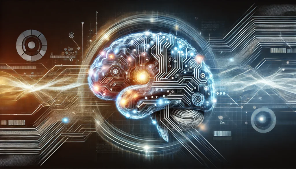 Conceptual artwork of a human brain merging with digital elements, representing the integration of technology and neuroscience for advanced brain power and intelligence augmentation