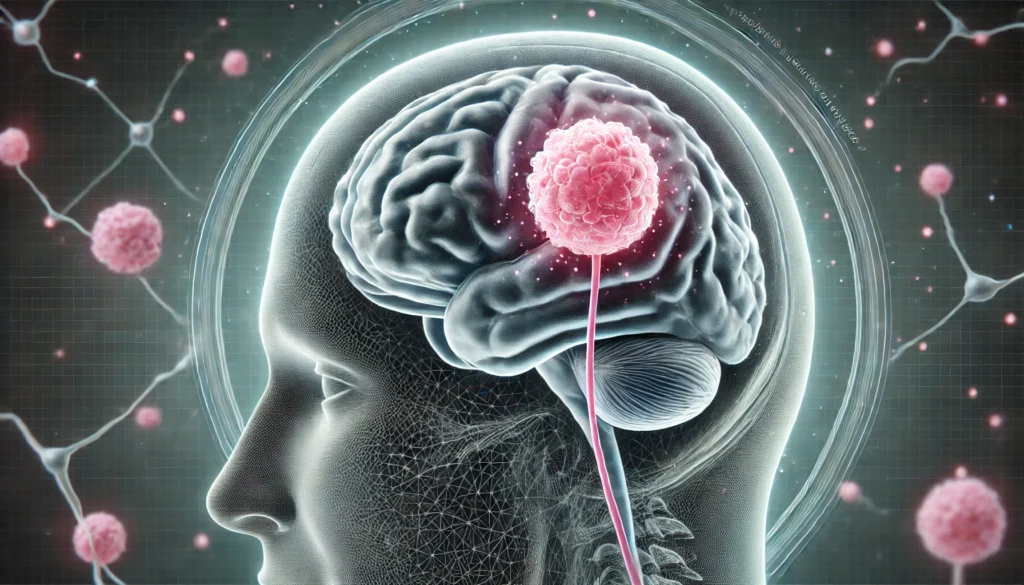 A high-detail MRI scan illustration of a human brain showing a clear tumor mass pressing against brain structures related to memory and cognition, symbolizing the link between brain tumors and dementia