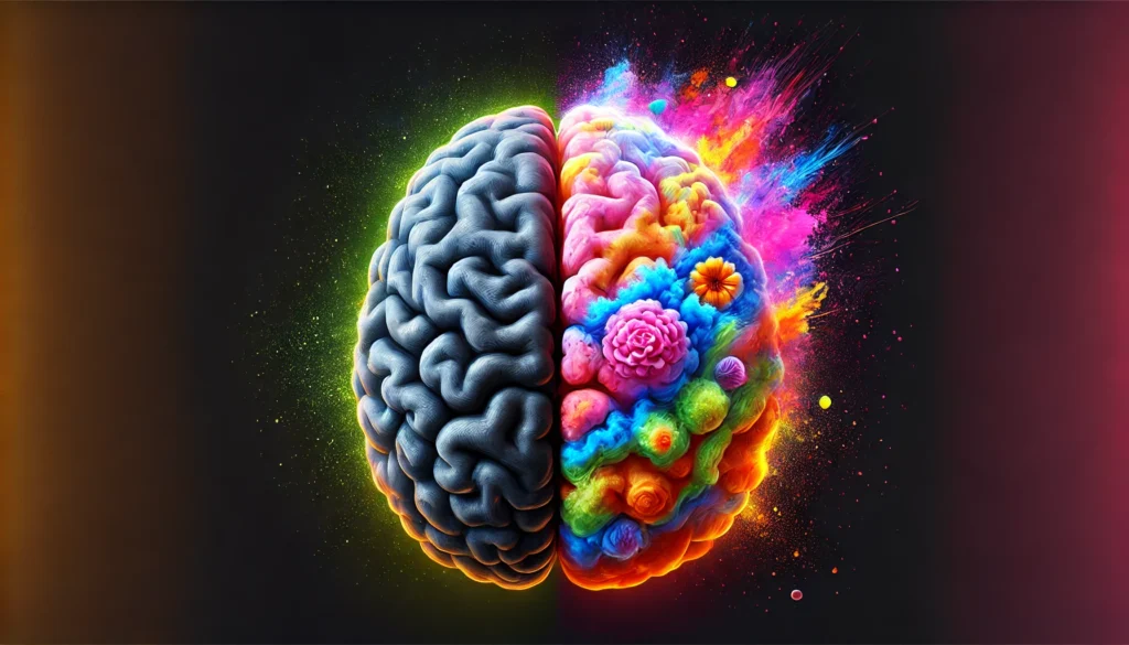 A surreal artistic representation of a brain where half is healthy and vibrant, while the other half deteriorates with dark patches representing both a tumor and dementia, visually depicting their impact.