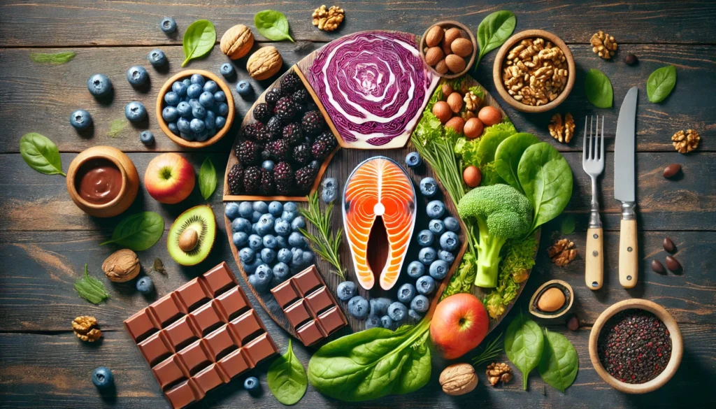 A top-down view of a wooden table displaying brain-healthy foods such as blueberries, walnuts, dark chocolate, salmon, and leafy greens. This arrangement highlights the role of nutrition in cognitive health and memory improvement.